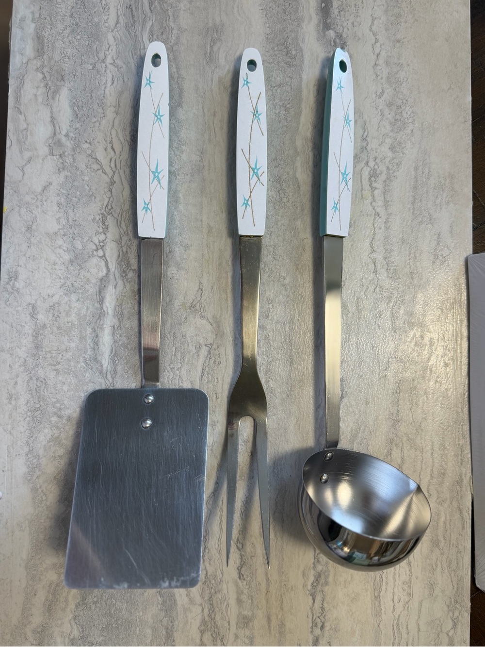 HPH Atomic Starburst White and Turquoise Blue Cooking Utensils Set of 3 Vintage